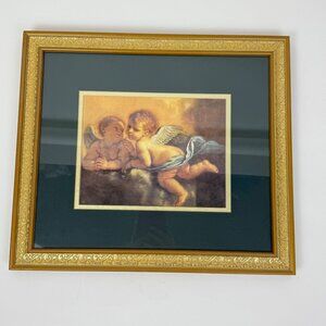 Vintage Cherub Angel Print Double Mat Gold Embossed Frame 14" x 16"
